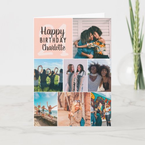 Cool modern blush photos collage grid 21 birthday card
