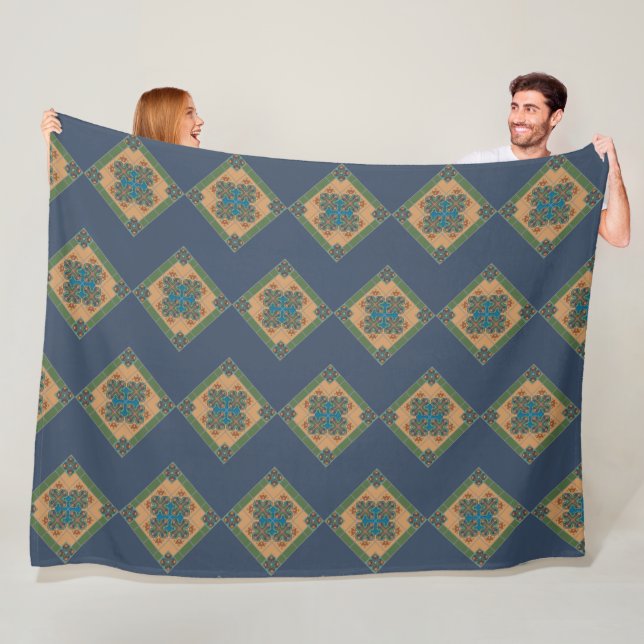Cool Modern Boho Blue and Green Pattern Rhombus Fleece Blanket (In Situ)