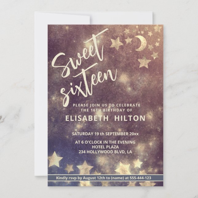 Cool modern Celestial moon and stars sweet 16 Invitation (Front)