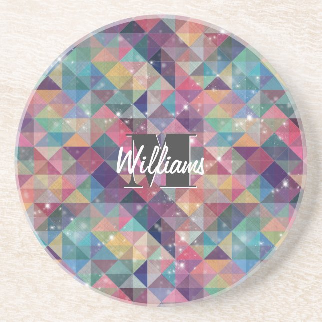 Cool modern colourful triangles geometric pattern sandstone coaster (Front)
