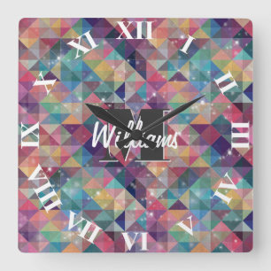 Cool modern colourful triangles geometric pattern square wall clock