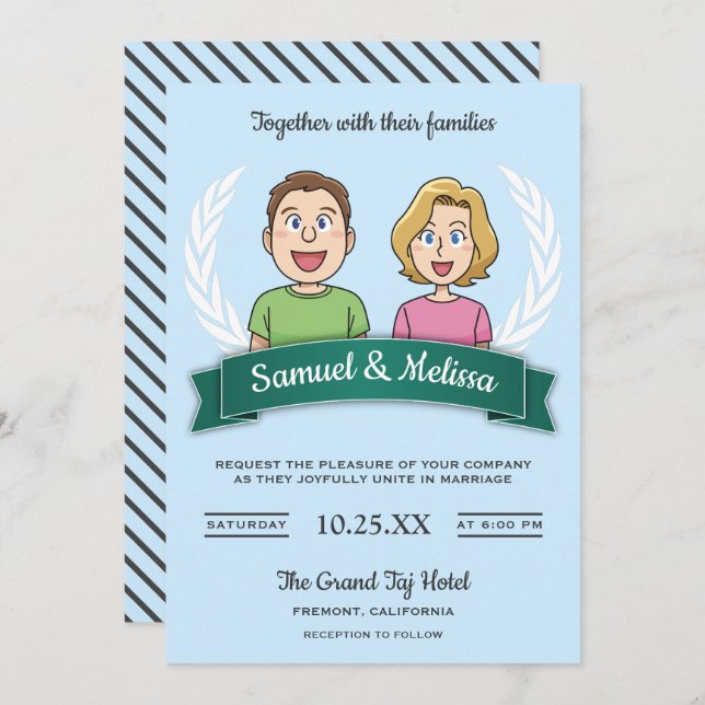 Cool Modern Cute Comic Couple Wedding Invitation (Front/Back)