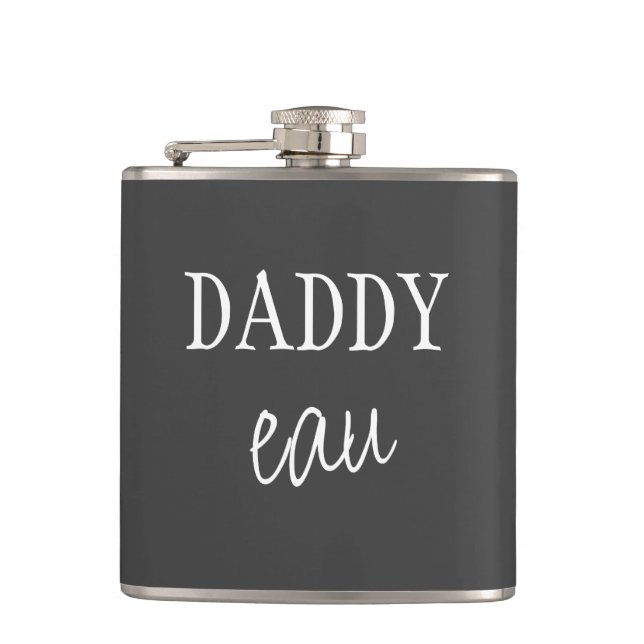 Cool Modern "Daddy eau" Cheeky Pun Dad Joke Black Flask (Front)
