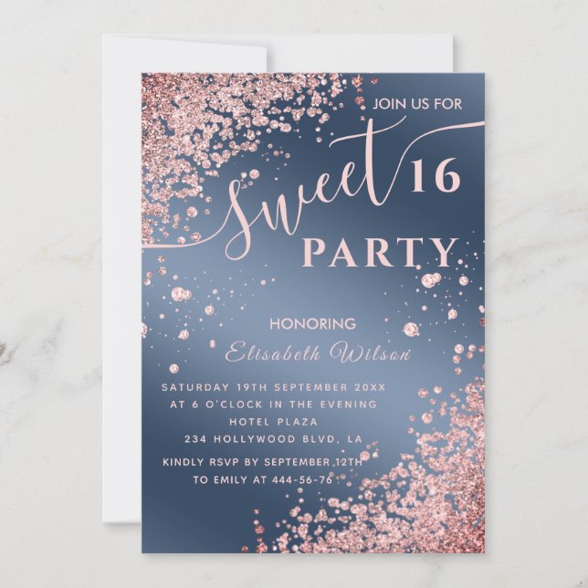 Cool modern diamond luxury rose gold sweet 16 invi invitation (Front)