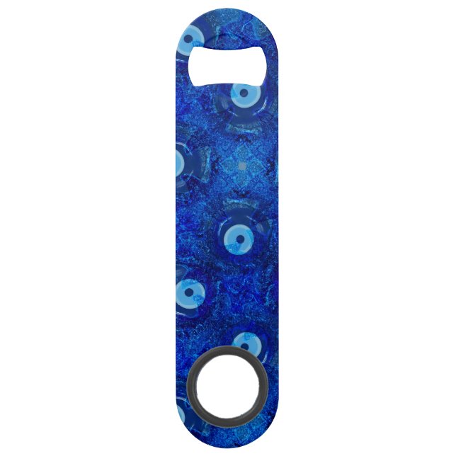 Cool, modern digital art of blue evil eye pattern bar key (Front)