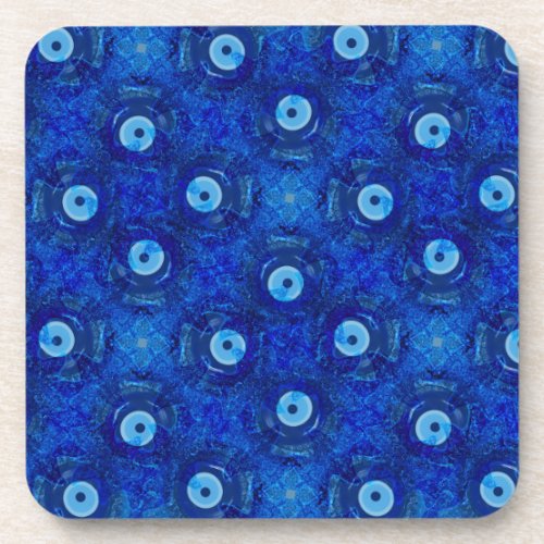 Cool modern digital art of blue evil eye pattern beverage coaster