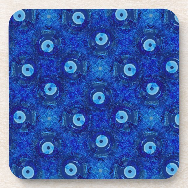Cool, modern digital art of blue evil eye pattern beverage coaster (Front)