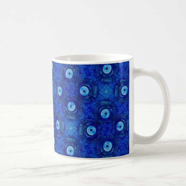 Cool, modern digital art of blue evil eye pattern coffee mug (Right)
