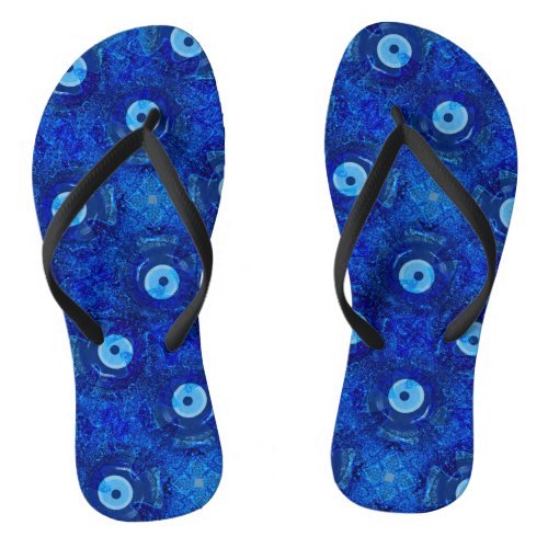 Cool modern digital art of blue evil eye pattern flip flops