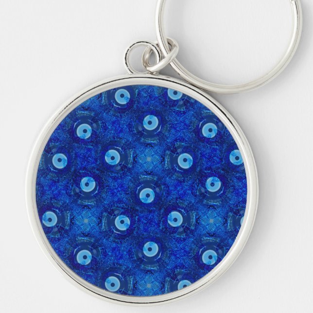 Cool, modern digital art of blue evil eye pattern keychain (Front)