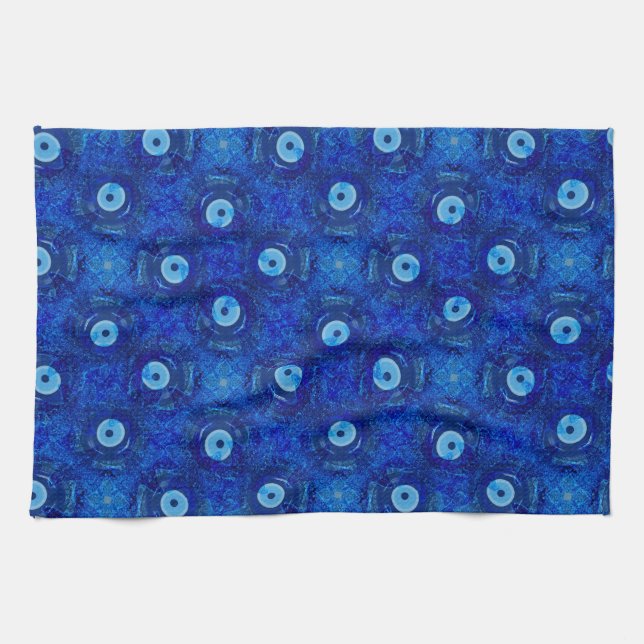 Cool, modern digital art of blue evil eye pattern kitchen towel (Horizontal)