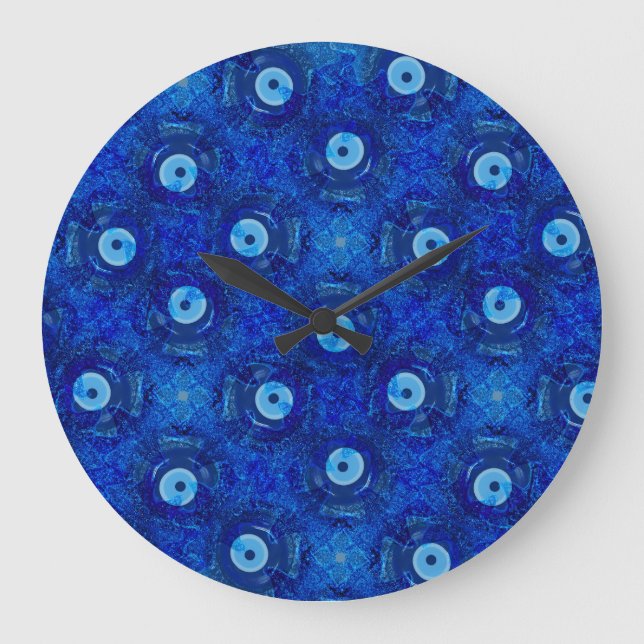 Cool, modern digital art of blue evil eye pattern large clock (Front)