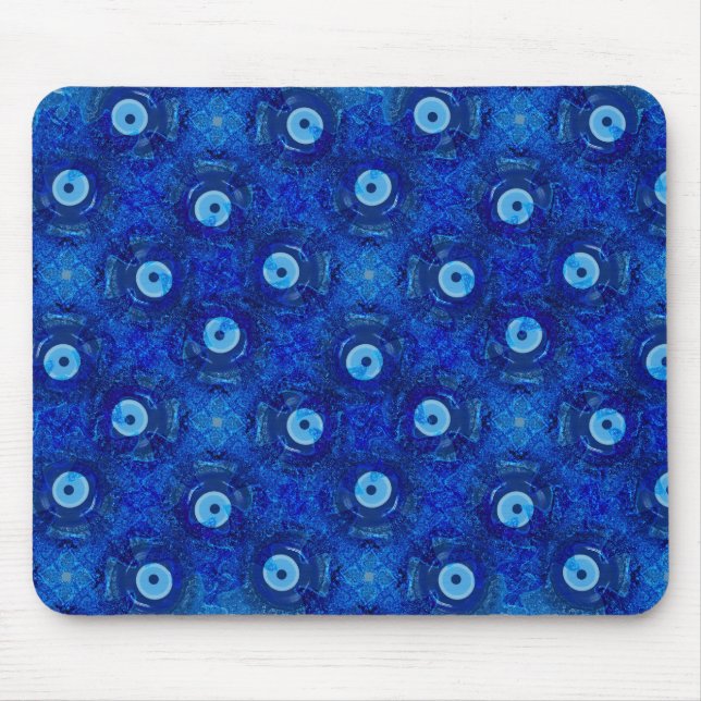 Cool, modern digital art of blue evil eye pattern mouse pad (Front)