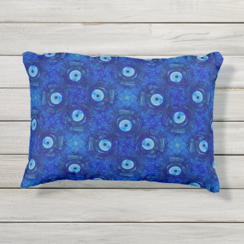 Cool modern digital art of blue evil eye pattern outdoor pillow