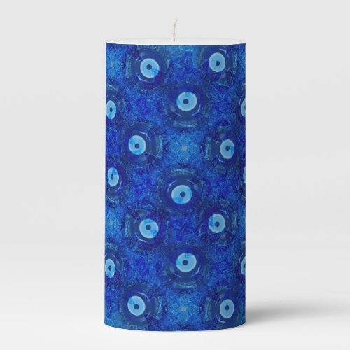 Cool modern digital art of blue evil eye pattern pillar candle