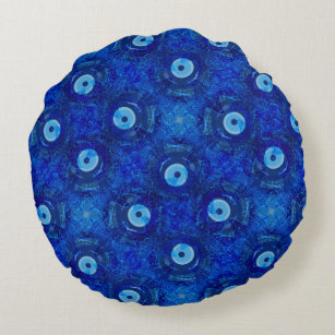 Cool, modern digital art of blue evil eye pattern round pillow