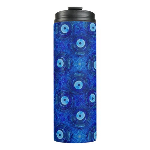 Cool modern digital art of blue evil eye pattern thermal tumbler