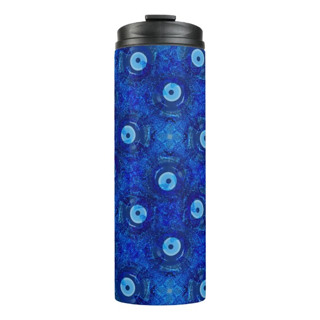 Cool, modern digital art of blue evil eye pattern thermal tumbler (Front)