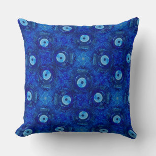 Cool, modern digital art of blue evil eye pattern throw pillow