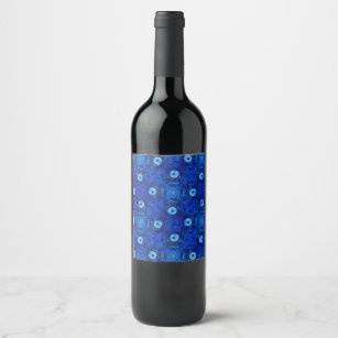 Cool, modern digital art of blue evil eye pattern wine label