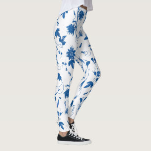 Cool Modern Elegant Blue Floral Toile  Leggings