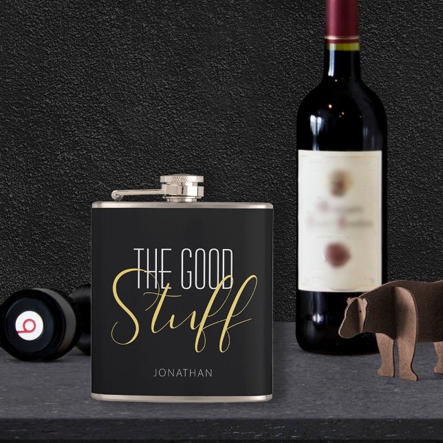 Cool Modern Elegant Good Stuff Gold Black Name Flask (Creator Uploaded)