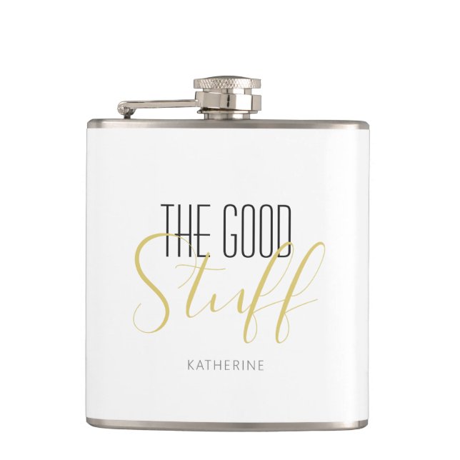 Cool Modern Elegant Good Stuff Gold Black Name Flask (Front)