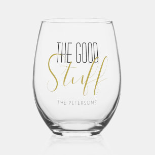 Cool Modern Elegant Good Stuff Gold Black Name Stemless Wine Glass