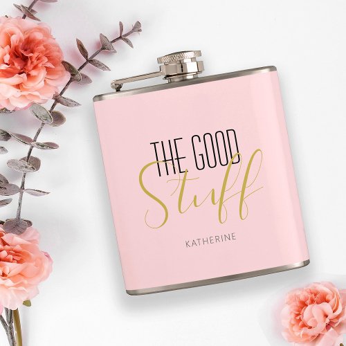 Cool Modern Elegant Good Stuff Gold Pink Name Flask