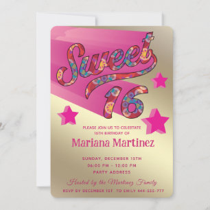 Cool modern funky super star typography pink invitation