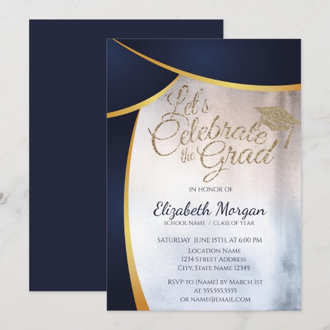 Cool Modern Glitter Graduation Cap,Blue Graduation Invitation (Front/Back)
