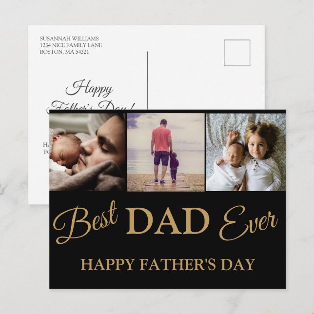 Cool Modern Gold Black 3 Photo Fathers Day Card (Front/Back)