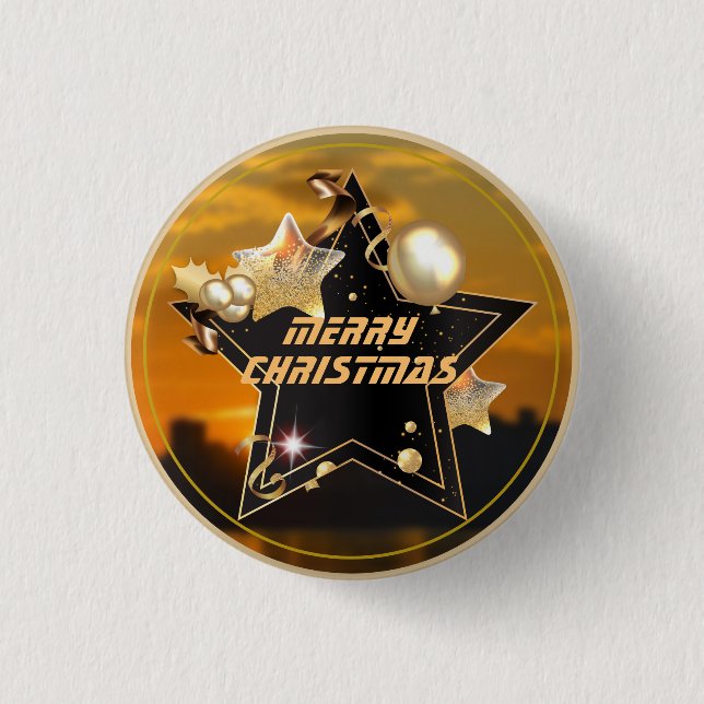Cool Modern Gold Black Metallic Stars Merry Xmas Button (Front)