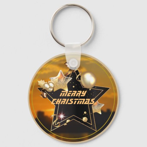 Cool Modern Gold Black Metallic Stars Merry Xmas Keychain