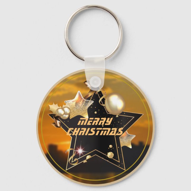 Cool Modern Gold Black Metallic Stars Merry Xmas Keychain (Front)