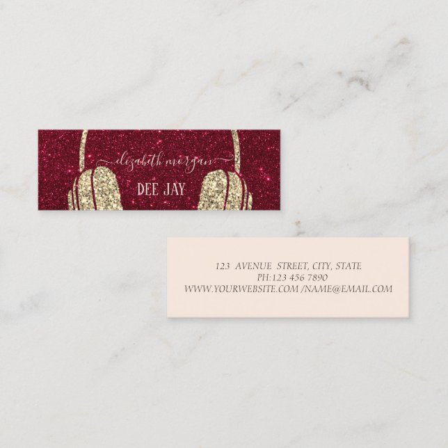 Cool Modern Gold Glitter Headphone DJ Red Glitter Mini Business Card (Front/Back)