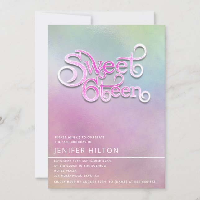 Cool modern  holographic typography sweet sixteen invitation (Front)