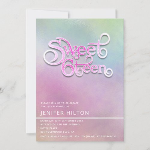 Cool modern  holographic typography sweet sixteen invitation
