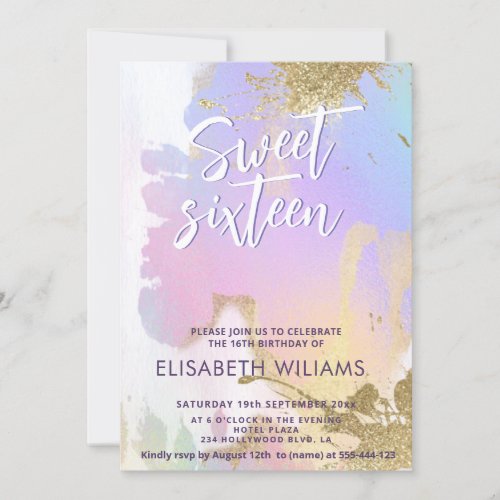 Cool modern holographic watercolor  sweet 16 invitation