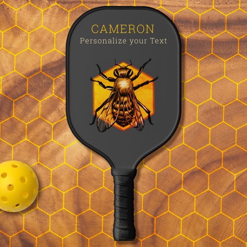 Cool Modern Honey Bee Logo Grey Yellow Custom Text Pickleball Paddle