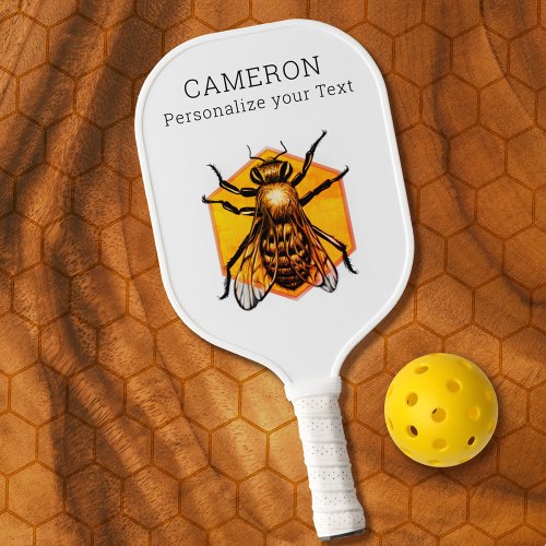 Cool Modern Honey Bee Logo White Personalized Text Pickleball Paddle