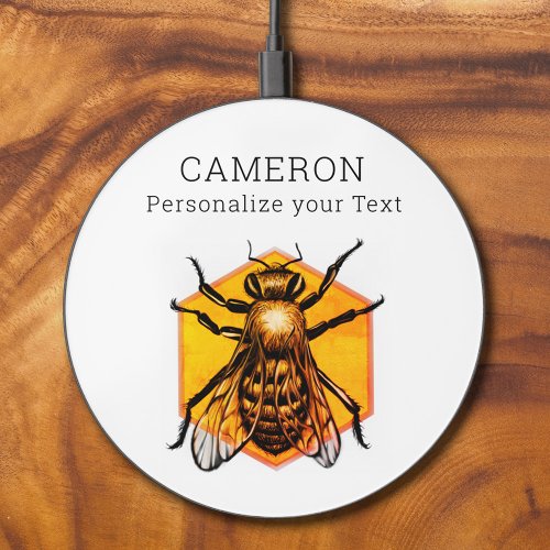 Cool Modern Honey Bee Logo White Personalized Text Wireless Charger