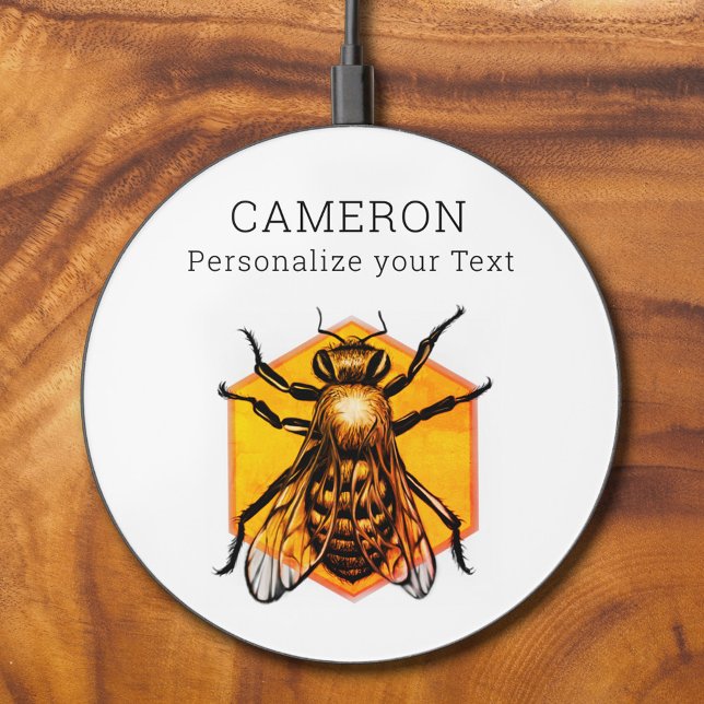 Cool Modern Honey Bee Logo White Personalized Text Wireless Charger (Creator Uploaded)