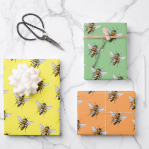 Cool Modern Honey Bee Pattern Yellow Orange Sage Wrapping Paper Sheets