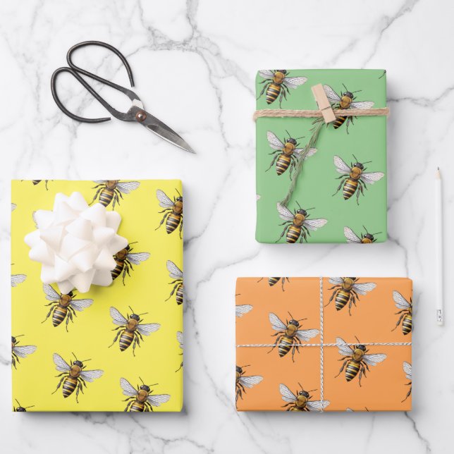 Cool Modern Honey Bee Pattern Yellow Orange Sage Wrapping Paper Sheets (Front)