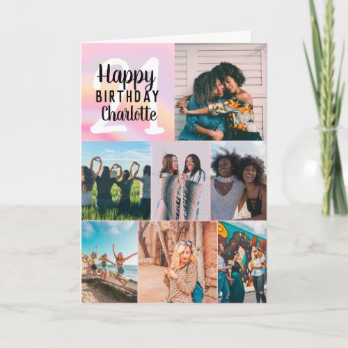 Cool modern marble photos collage grid 21 birthday card