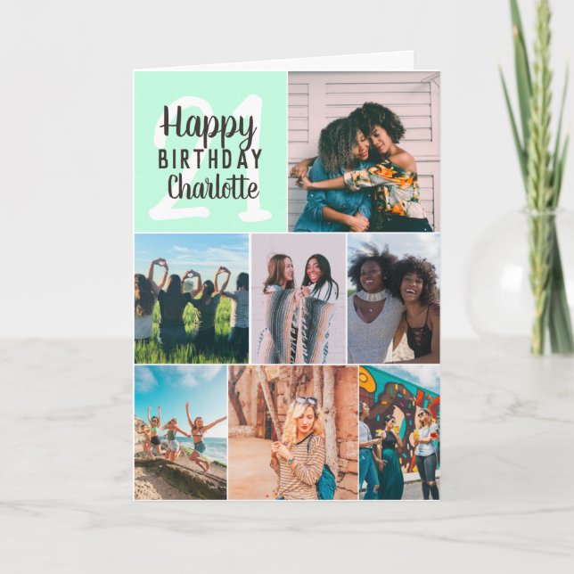 Cool modern mint photos collage grid 21 birthday card (Front)