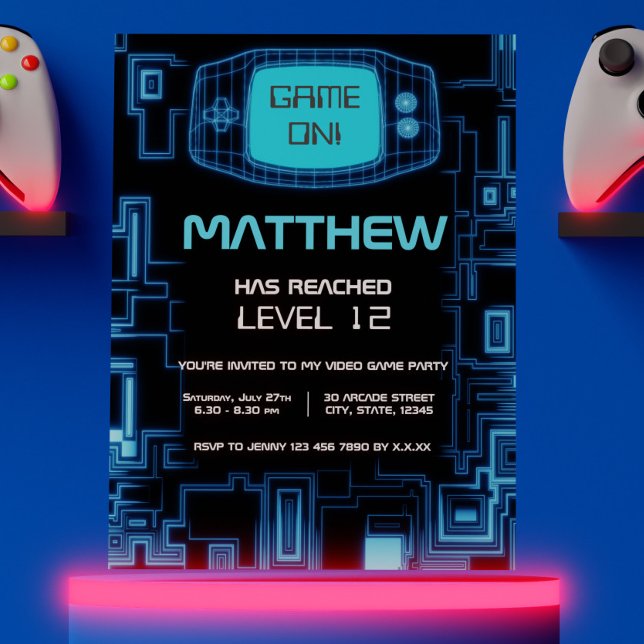 Cool Modern Navy Blue Black Teen Video Game Party Invitation (Cool Modern Navy Blue Black Teen Video Game Night Invitation)