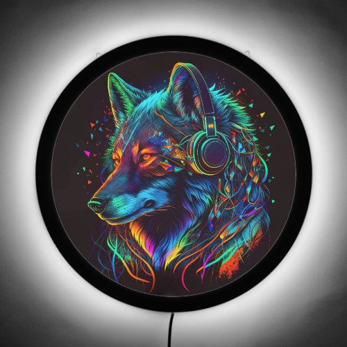 Cool Modern Neon Wolf Wearing Headphones LED Sign