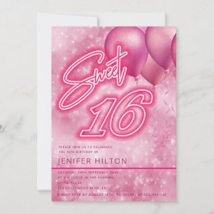 Cool modern pink balloon neon sweet 16 invitation